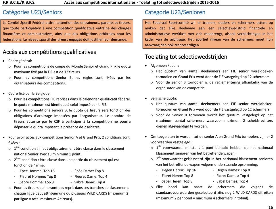 Accès aux compétitions qualificatives Cadre général: o Pour les compétitions de coupe du Monde Senior et Grand Prix le quota maximum fixé par la FIE est de 12 tireurs.