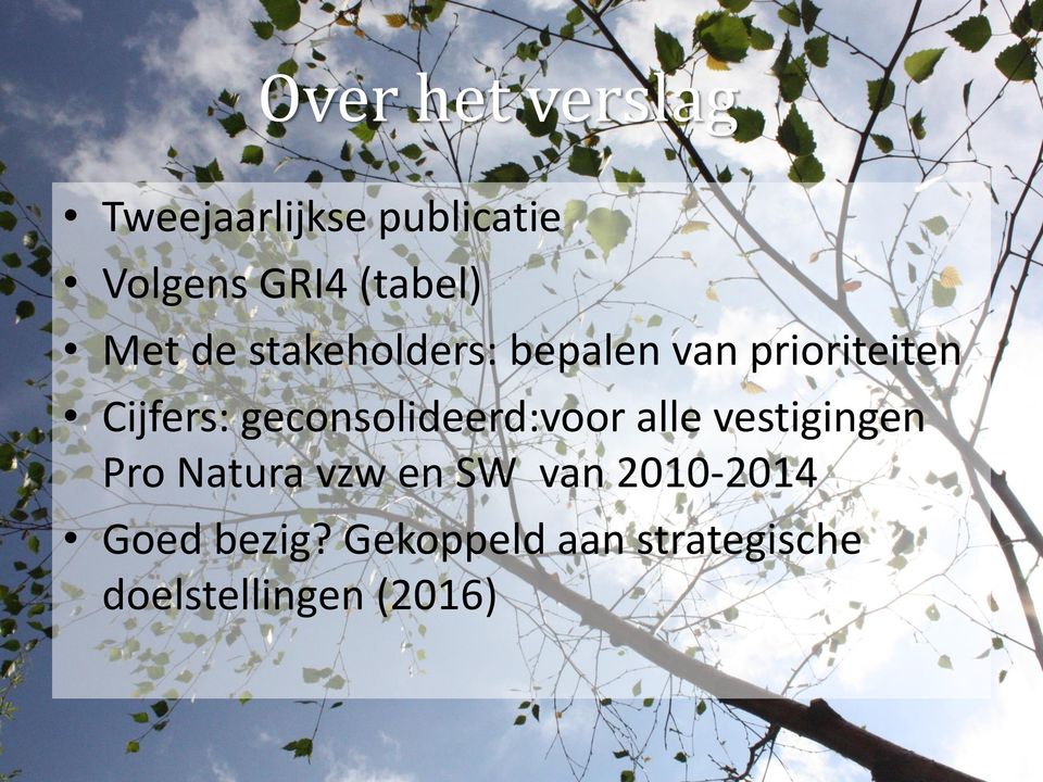 geconsolideerd:voor alle vestigingen Pro Natura vzw en SW van