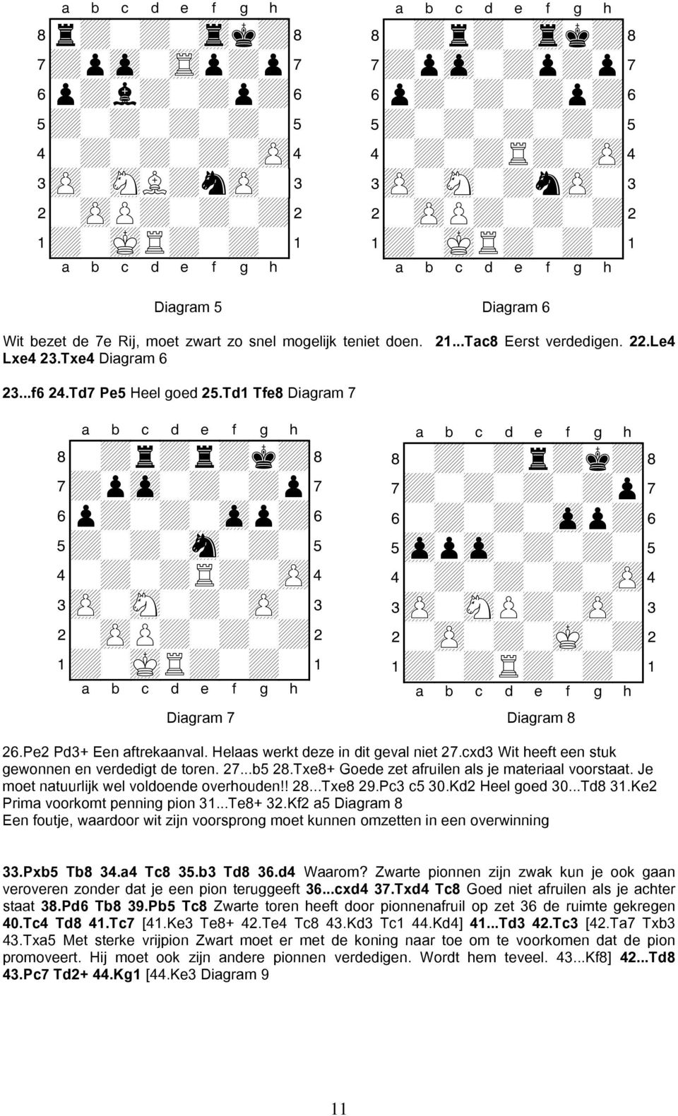 cxd3 Wit heeft een stuk gewonnen en verdedigt de toren. 27...b5 28.Txe8+ Goede zet afruilen als je materiaal voorstaat. Je moet natuurlijk wel voldoende overhouden!! 28...Txe8 29.Pc3 c5 30.