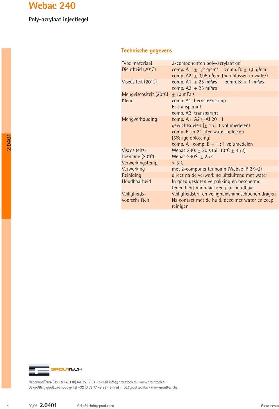 A1: A2 (=A) 20 : 1 gewichtsdelen (± 15 : 1 volumedelen) comp. B: in 24 liter water oplossen (5%-ige oplossing) comp. A : comp.