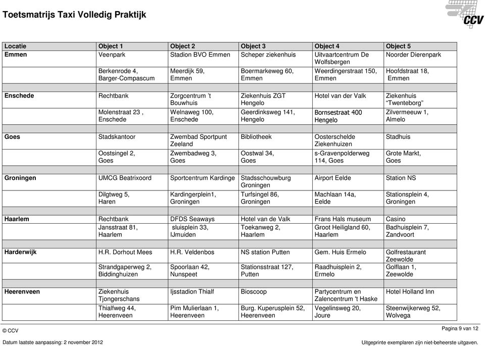 100, Enschede Ziekenhuis ZGT Hengelo Geerdinksweg 141, Hengelo Hotel van der Valk Bornsestraat 400 Hengelo Ziekenhuis Twenteborg Zilvermeeuw 1, Almelo Goes Stadskantoor Zwembad Sportpunt Zeeland