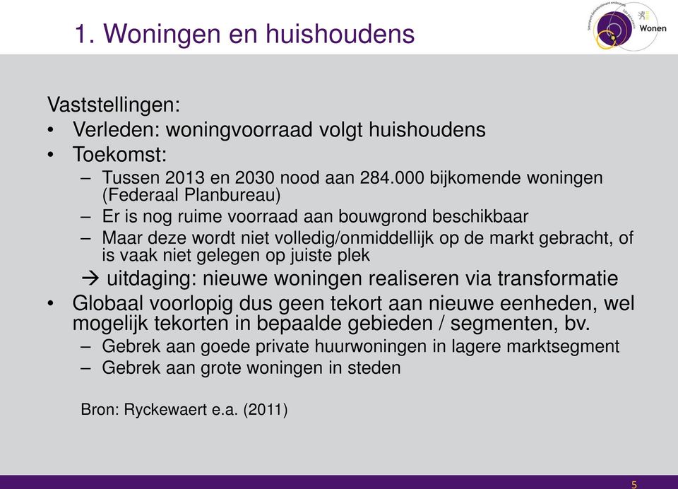 gebracht, of is vaak niet gelegen op juiste plek uitdaging: nieuwe woningen realiseren via transformatie Globaal voorlopig dus geen tekort aan nieuwe