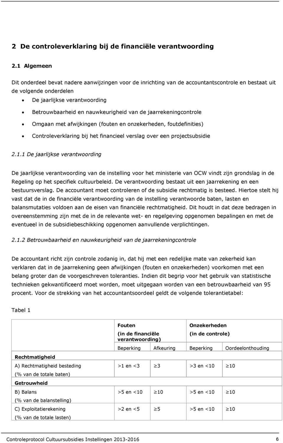 van de jaarrekeningcontrole Omgaan met afwijkingen (fouten en onzekerheden, foutdefinities) Controleverklaring bij het financieel verslag over een projectsubsidie 2.1.