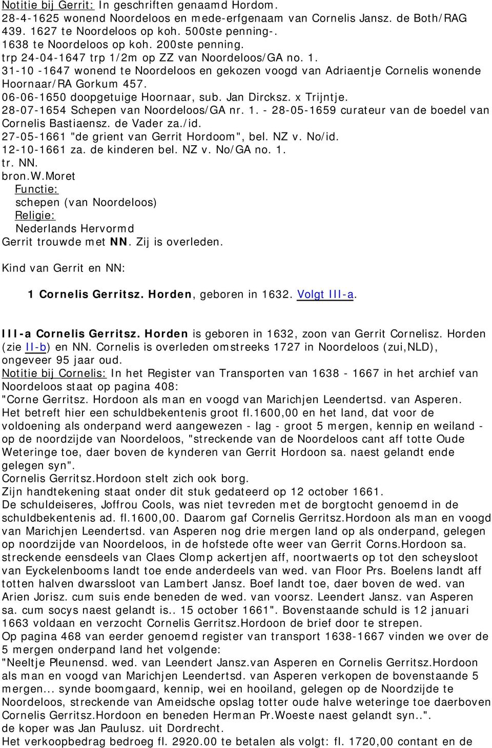 06-06-1650 doopgetuige Hoornaar, sub. Jan Dircksz. x Trijntje. 28-07-1654 Schepen van Noordeloos/GA nr. 1. - 28-05-1659 curateur van de boedel van Cornelis Bastiaensz. de Vader za./id.