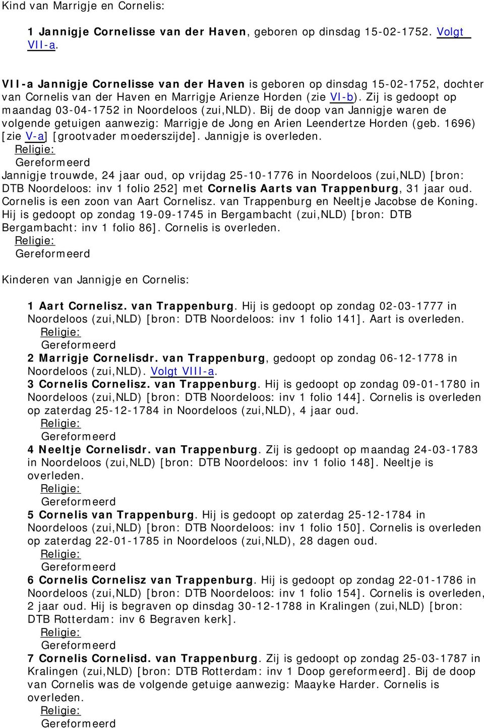 Zij is gedoopt op maandag 03-04-1752 in Noordeloos (zui,nld). Bij de doop van Jannigje waren de volgende getuigen aanwezig: Marrigje de Jong en Arien Leendertze Horden (geb.