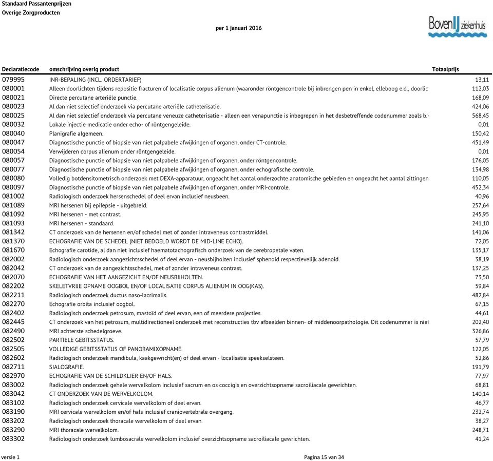 424,06 080025 Al dan niet selectief onderzoek via percutane veneuze catheterisatie - alleen een venapunctie is inbegrepen in het desbetreffende codenummer zoals b.v. 088012 en 084025.