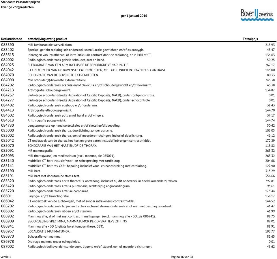 59,25 084025 FLEBOGRAFIE VAN EEN ARM INCLUSIEF DE BENODIGDE VENAPUNCTIE. 262,17 084042 CT ONDERZOEK VAN DE BOVENSTE EXTREMITEITEN, MET OF ZONDER INTRAVENEUS CONTRAST.