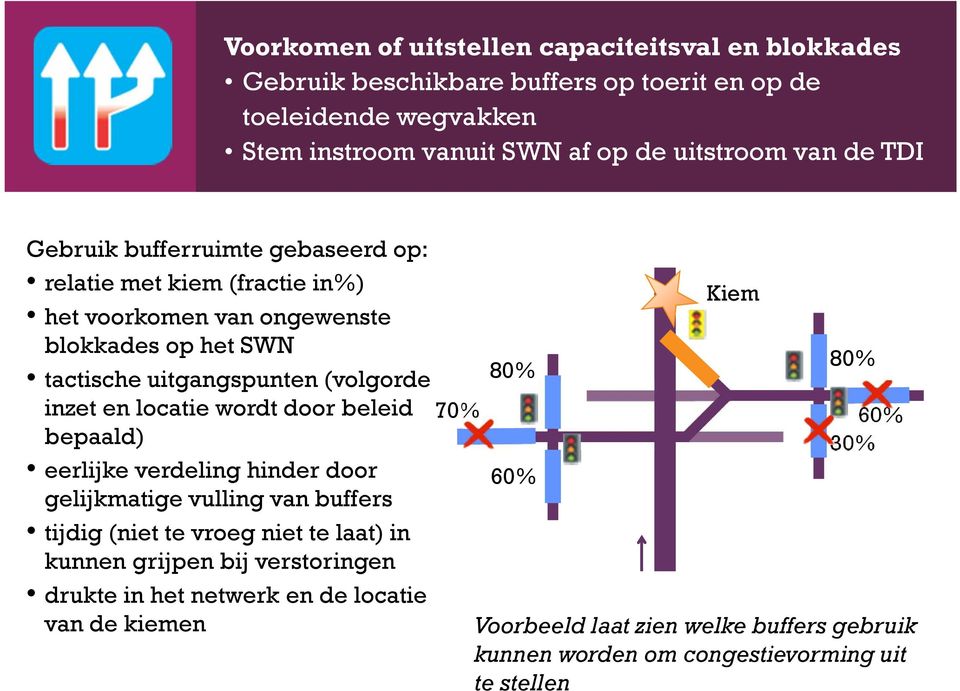 locatie wordt door beleid bepaald) eerlijke verdeling hinder door gelijkmatige vulling van buffers tijdig (niet te vroeg niet te laat) in kunnen grijpen bij