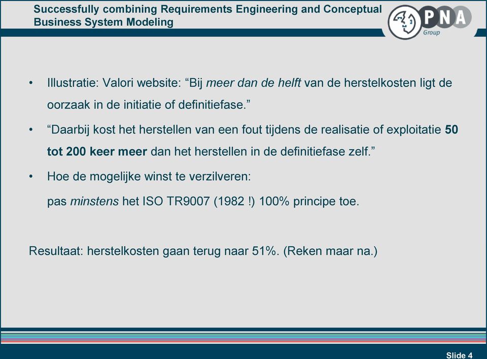 Daarbij kost het herstellen van een fout tijdens de realisatie of exploitatie 50 tot 200 keer meer dan het