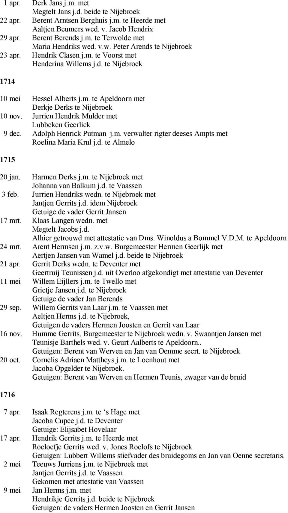 Jurrien Hendrik Mulder met Lubbeken Geerlick 9 dec. Adolph Henrick Putman j.m. verwalter rigter deeses Ampts met Roelina Maria Krul j.d. te Almelo 1715 20 jan. Harmen Derks j.m. te Nijebroek met Johanna van Balkum j.