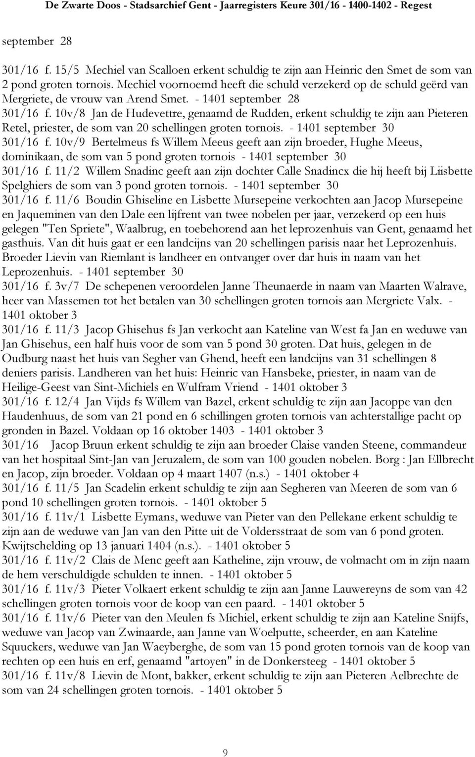 10v/8 Jan de Hudevettre, genaamd de Rudden, erkent schuldig te zijn aan Pieteren Retel, priester, de som van 20 schellingen groten tornois. - 1401 september 30 301/16 f.
