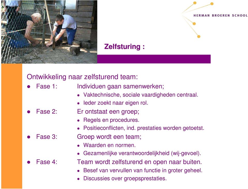 prestaties worden getoetst. Fase 3: Groep wordt een team; Waarden en normen. Gezamenlijke verantwoordelijkheid (wij-gevoel).