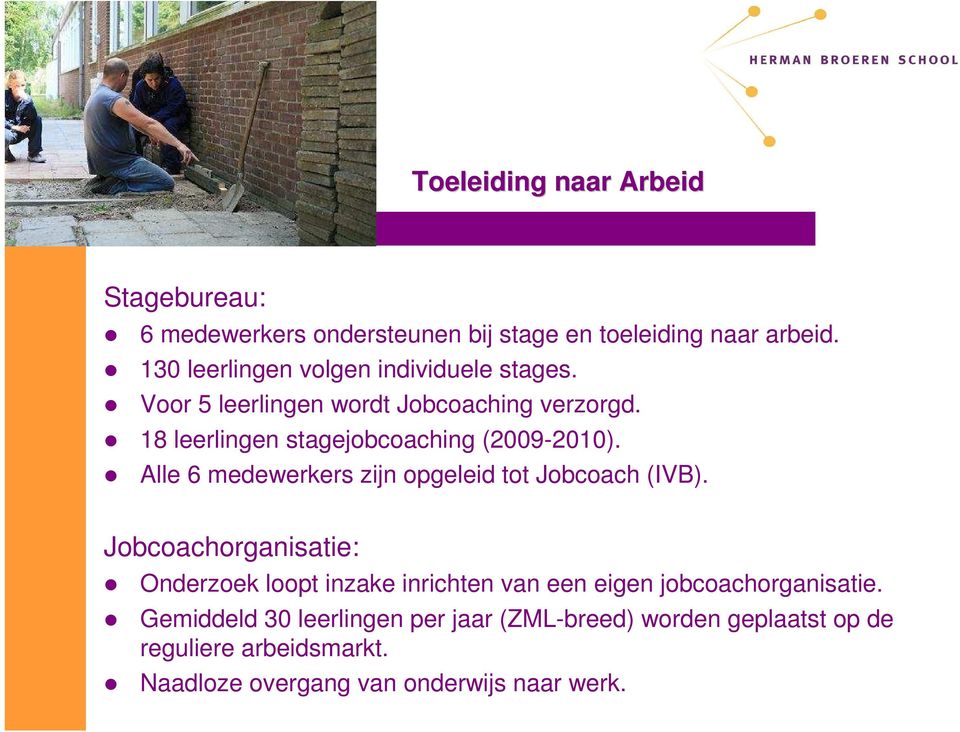 18 leerlingen stagejobcoaching (2009-2010). Alle 6 medewerkers zijn opgeleid tot Jobcoach (IVB).