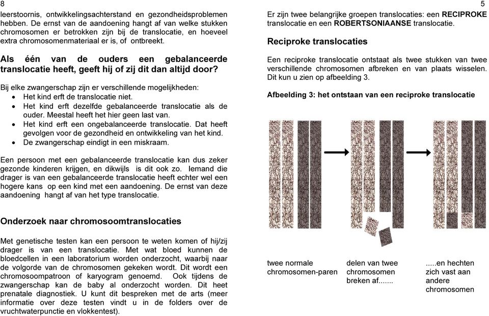 Als één van de ouders een gebalanceerde translocatie heeft, geeft hij of zij dit dan altijd door? Bij elke zwangerschap zijn er verschillende mogelijkheden: Het kind erft de translocatie niet.