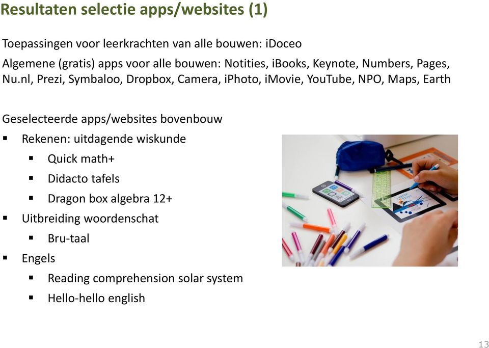 nl, Prezi, Symbaloo, Dropbox, Camera, iphoto, imovie, YouTube, NPO, Maps, Earth Geselecteerde apps/websites bovenbouw