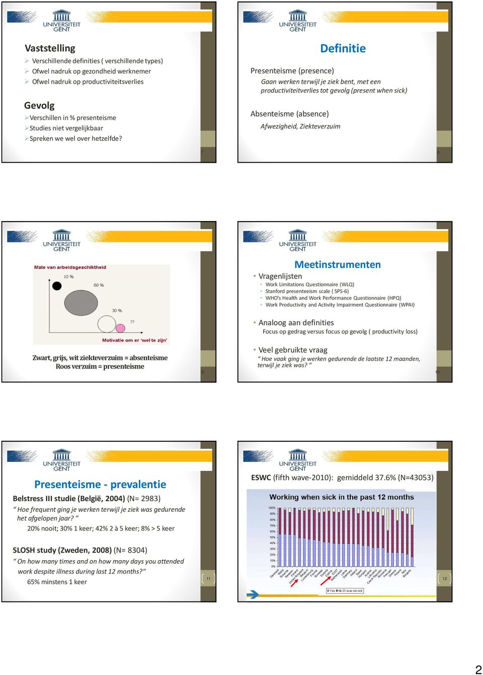 Definitie Presenteisme (presence) Gaanwerkenterwijlje ziekbent, met een productiviteitverlies tot gevolg(present when sick) Absenteisme (absence) Afwezigheid, Ziekteverzuim 7 8 Meetinstrumenten