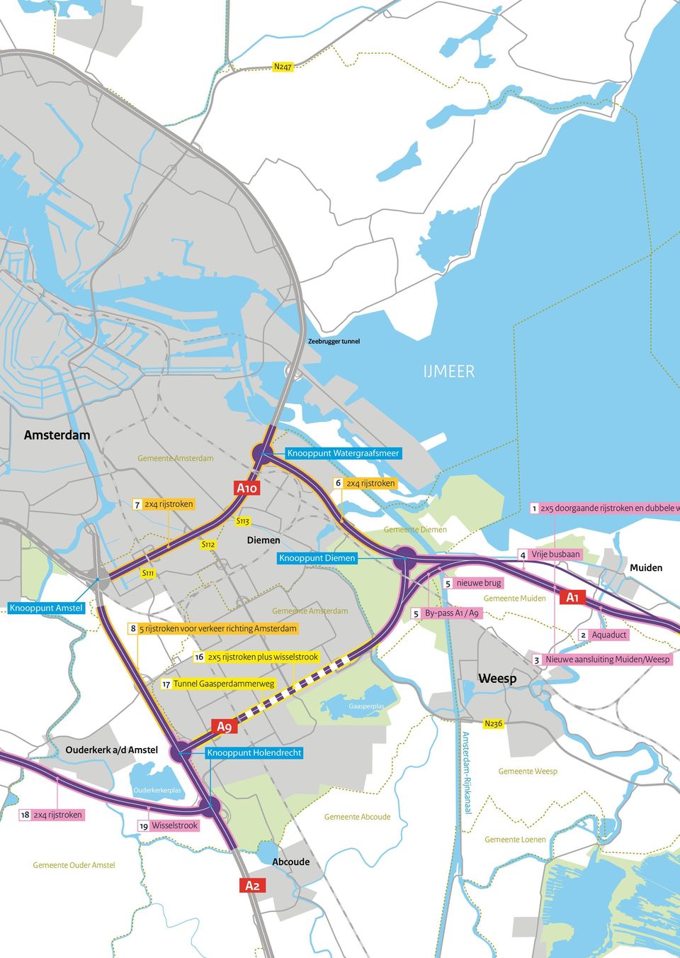voor verkeer richting Amsterdam 2 Aquaduct 16 2x5 rijstroken plus wisselstrook 17 Tunnel Gaasperdammerweg Weesp 3 Nieuwe aansluiting Muiden/Weesp A9 Gaasperplas N236