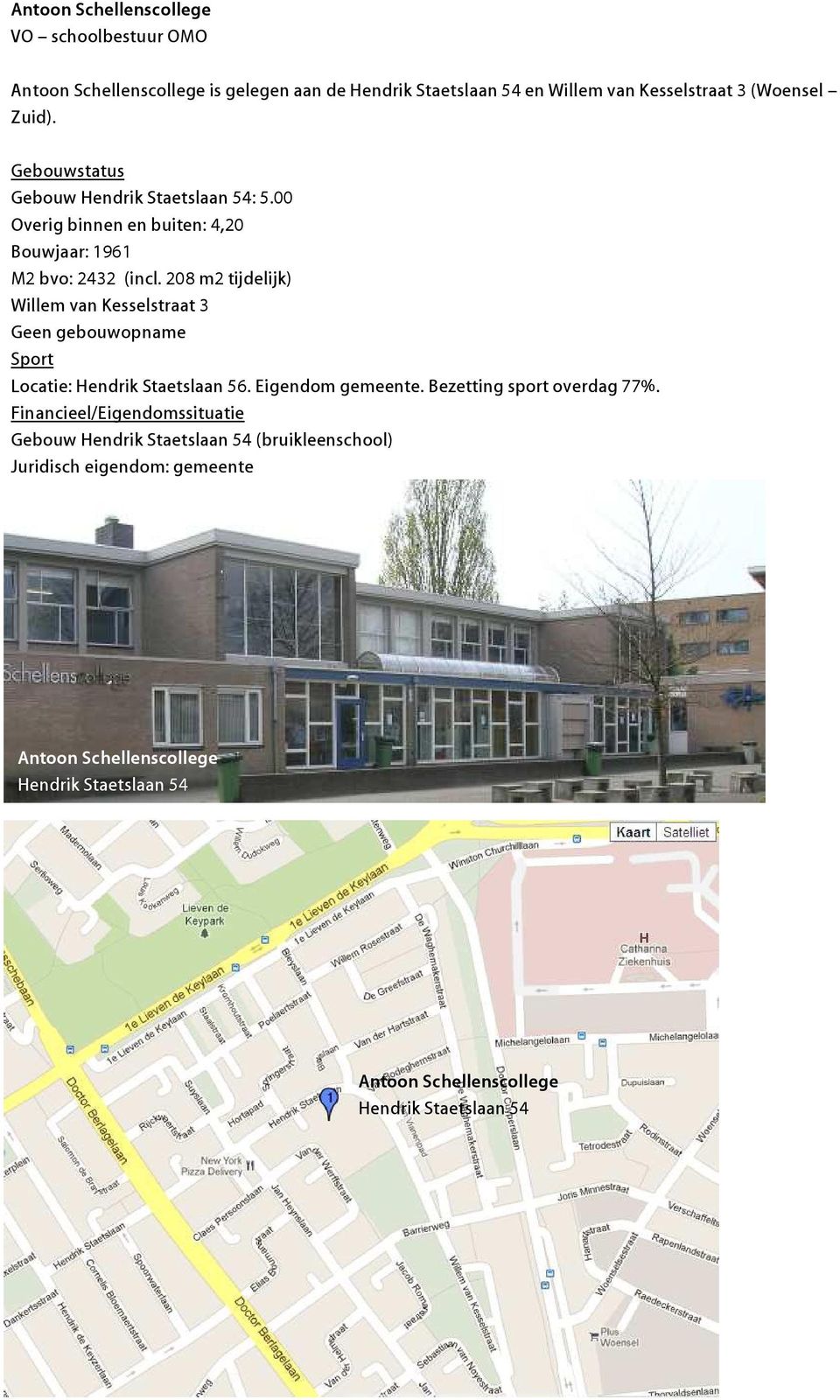 208 m2 tijdelijk) Willem van Kesselstraat 3 Geen gebouwopname Locatie: Hendrik Staetslaan 56. Eigendom gemeente. Bezetting sport overdag 77%.