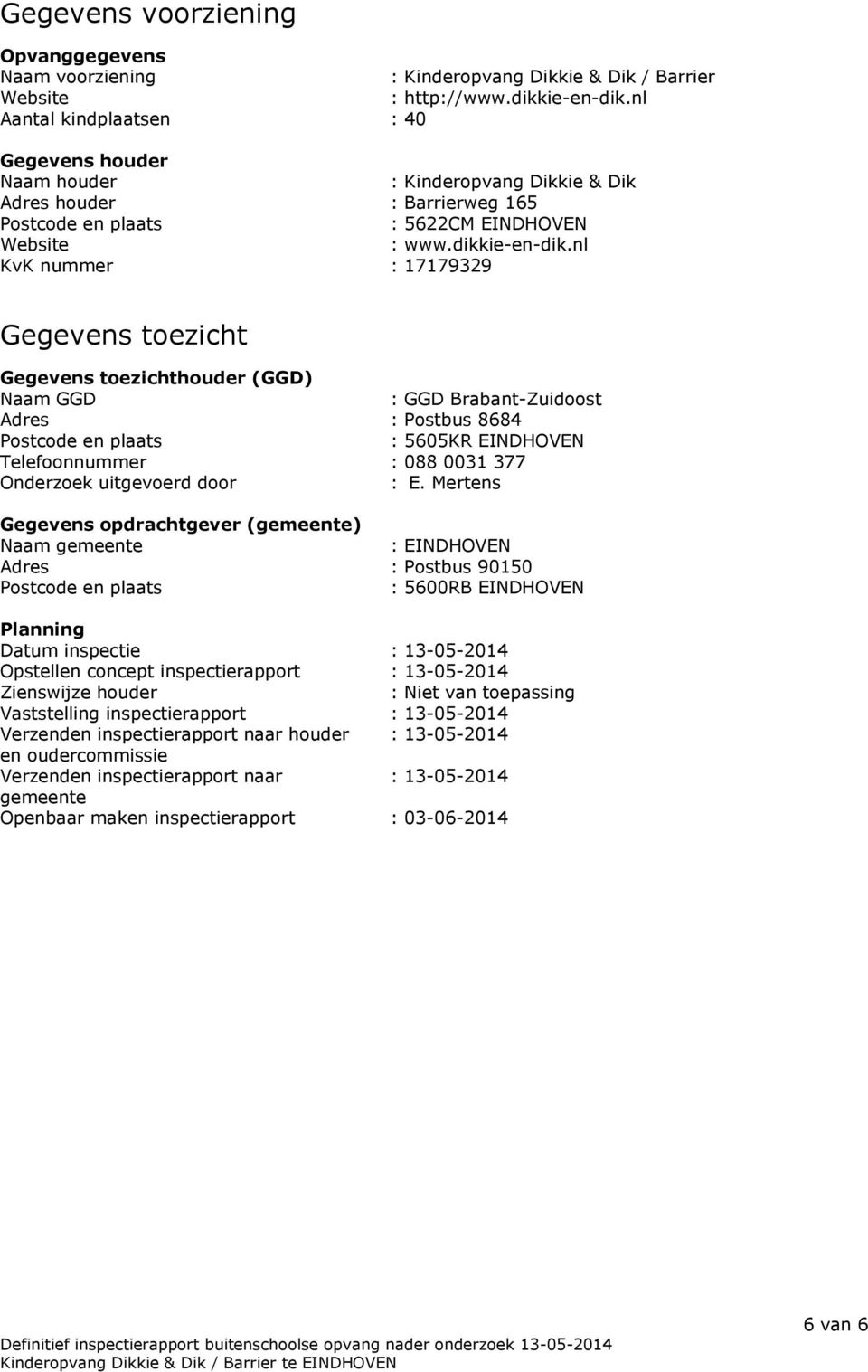nl KvK nummer : 17179329 Gegevens toezicht Gegevens toezichthouder (GGD) Naam GGD : GGD Brabant-Zuidoost Adres : Postbus 8684 Postcode en plaats : 5605KR EINDHOVEN Telefoonnummer : 088 0031 377