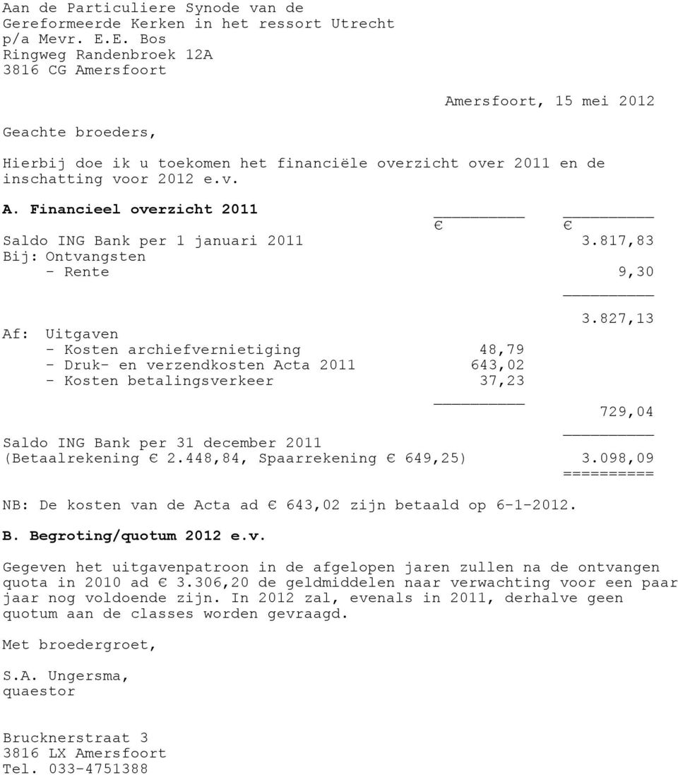 817,83 Bij: Ontvangsten - Rente 9,30 Af: Uitgaven - Kosten archiefvernietiging 48,79 - Druk- en verzendkosten Acta 2011 643,02 - Kosten betalingsverkeer 37,23 3.