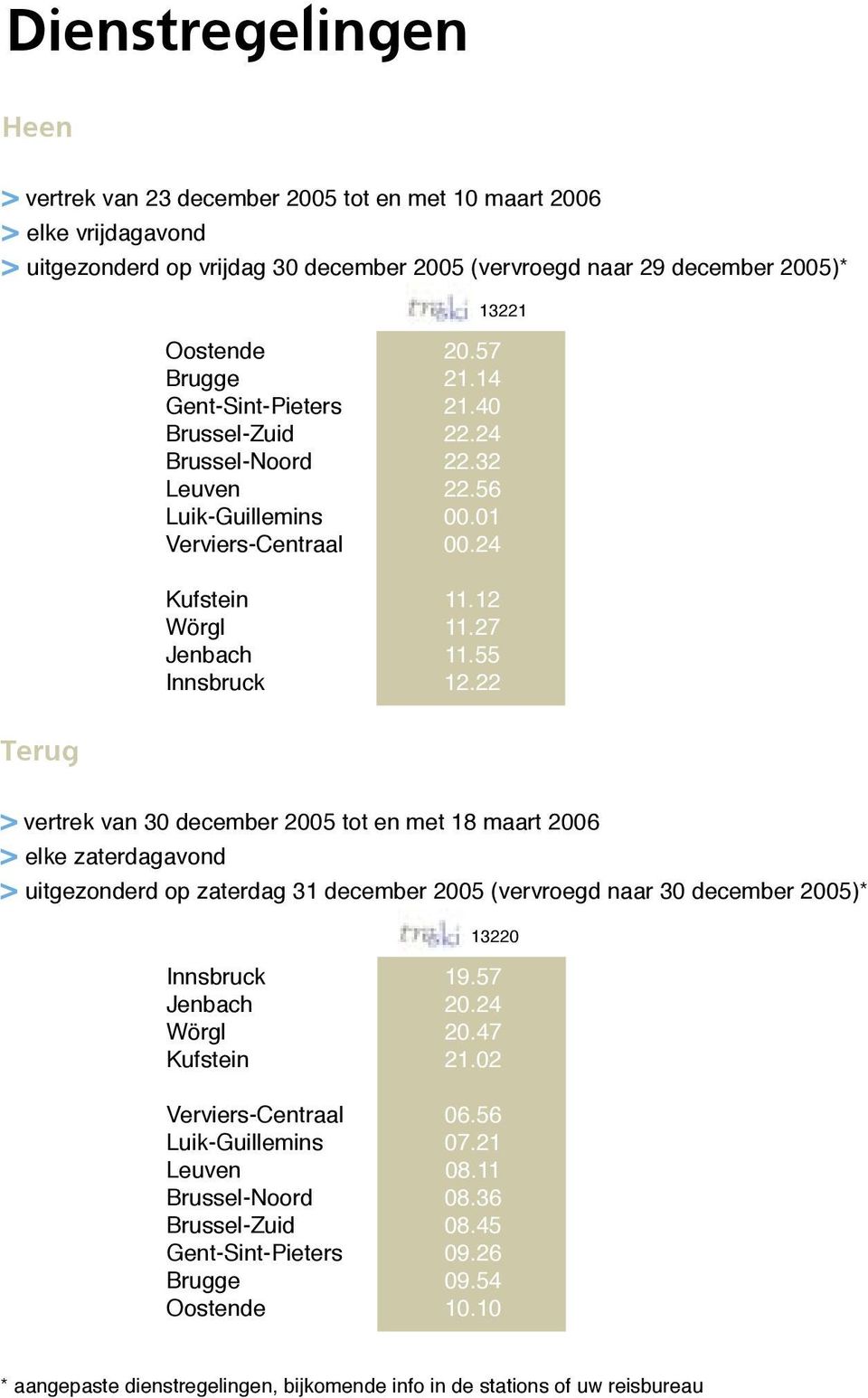 22 Terug > vertrek van 30 december 2005 tot en met 18 maart 2006 > elke zaterdagavond > uitgezonderd op zaterdag 31 december 2005 (vervroegd naar 30 december 2005)* 13220 Kufstein Verviers-Centraal