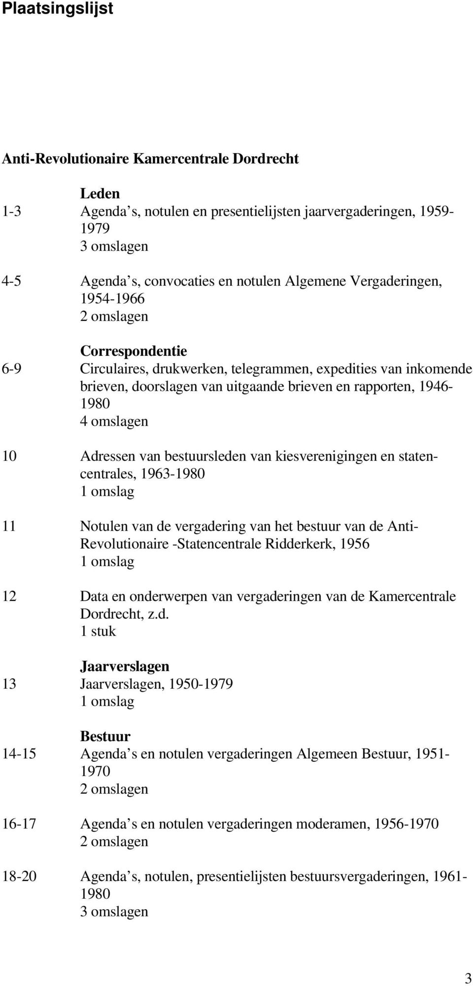 van bestuursleden van kiesverenigingen en statencentrales, 1963-1980 11 Notulen van de vergadering van het bestuur van de Anti- Revolutionaire -Statencentrale Ridderkerk, 1956 12 Data en onderwerpen