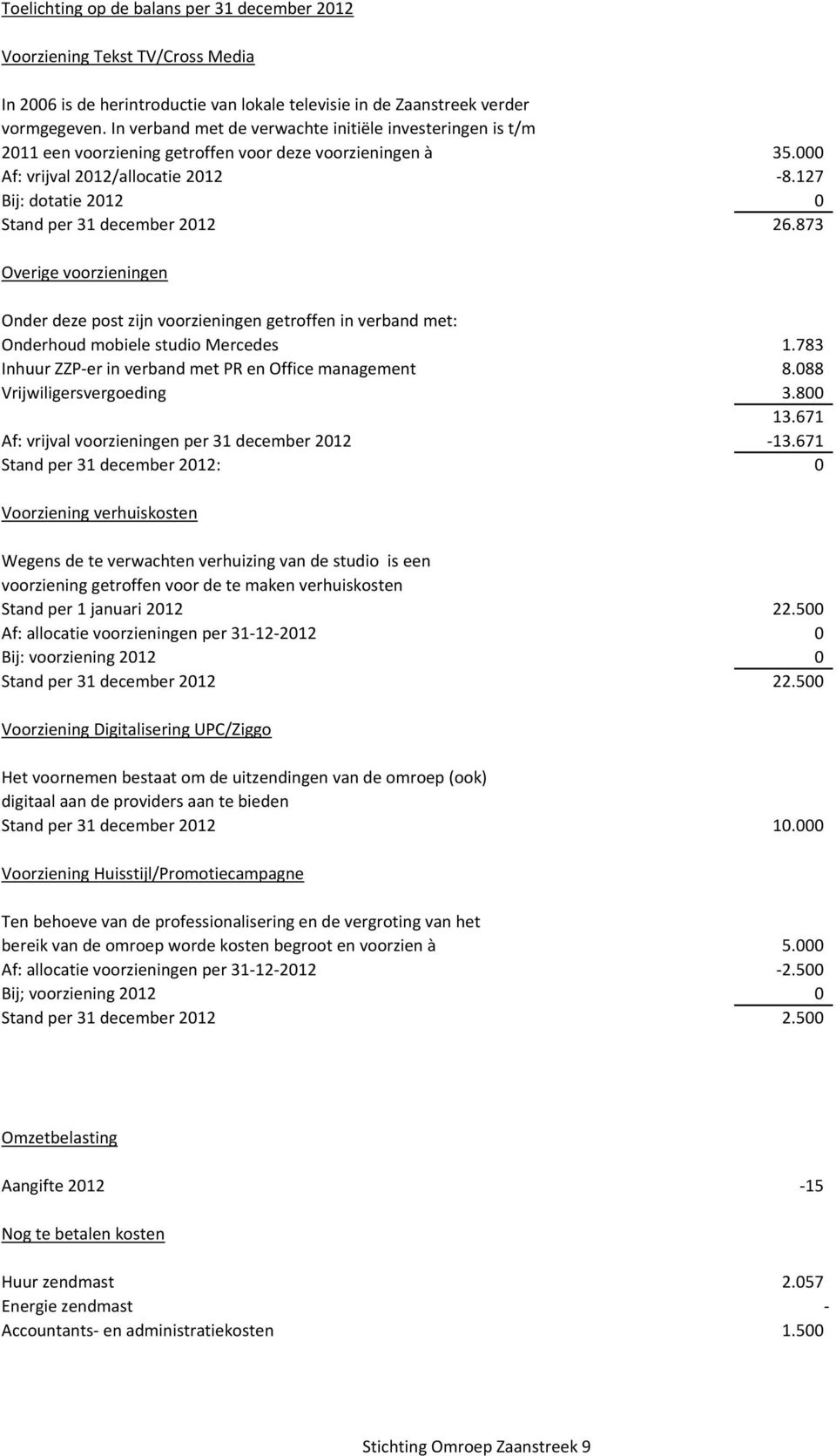 127 Bij: dotatie 2012 0 Stand per 31 december 2012 26.873 Overige voorzieningen Onder deze post zijn voorzieningen getroffen in verband met: Onderhoud mobiele studio Mercedes 1.