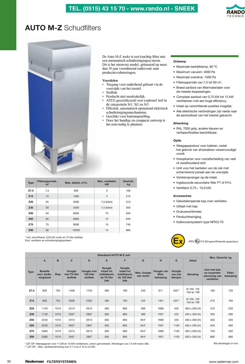80 ºC Maximum vacuüm: 4000 Pa Maximale overdruk: 1500 Pa Filteroppervlak van 7,5 tot 90 m 2. Breed aanbod van filtermaterialen voor de meeste toepassingen.