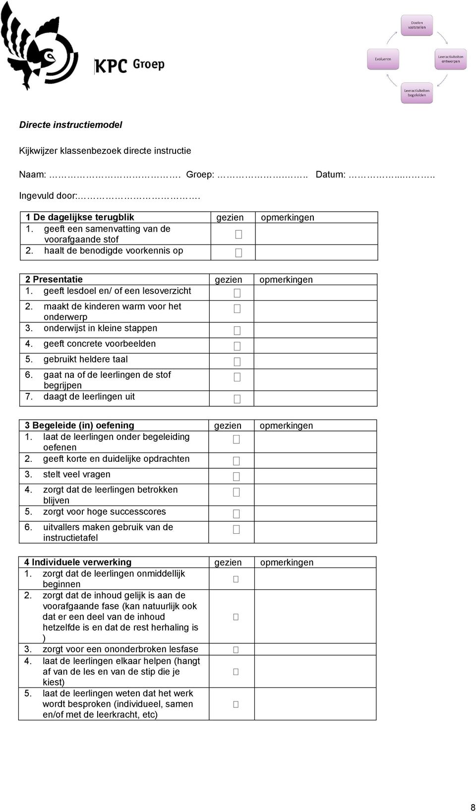 maakt de kinderen warm voor het onderwerp 3. onderwijst in kleine stappen 4. geeft concrete voorbeelden 5. gebruikt heldere taal 6. gaat na of de leerlingen de stof begrijpen 7.