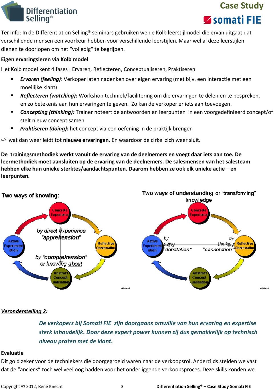 Eigen ervaringsleren via Kolb model Het Kolb model kent 4 fases : Ervaren, Reflecteren, Conceptualiseren, Praktiseren Ervaren (feeling): Verkoper laten nadenken over eigen ervaring (met bijv.