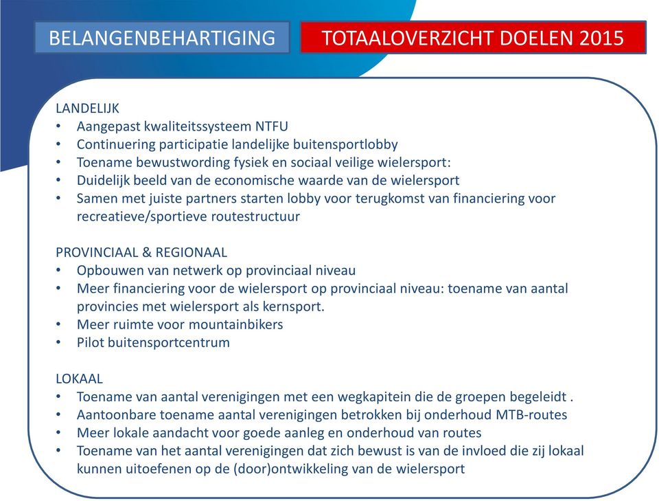 PROVINCIAAL & REGIONAAL Opbouwen van netwerk op provinciaal niveau Meer financiering voor de wielersport op provinciaal niveau: toename van aantal provincies met wielersport als kernsport.