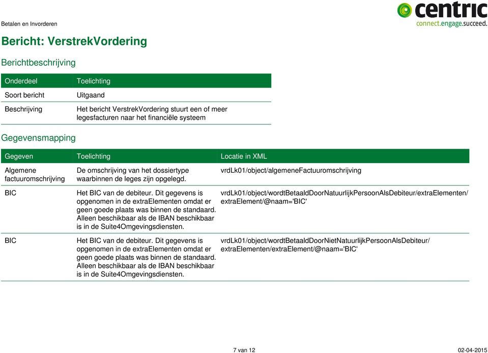 vrdlk01/object/algemenefactuuromschrijving BIC BIC Het BIC van de debiteur. Dit gegevens is opgenomen in de extraelementen omdat er geen goede plaats was binnen de standaard.