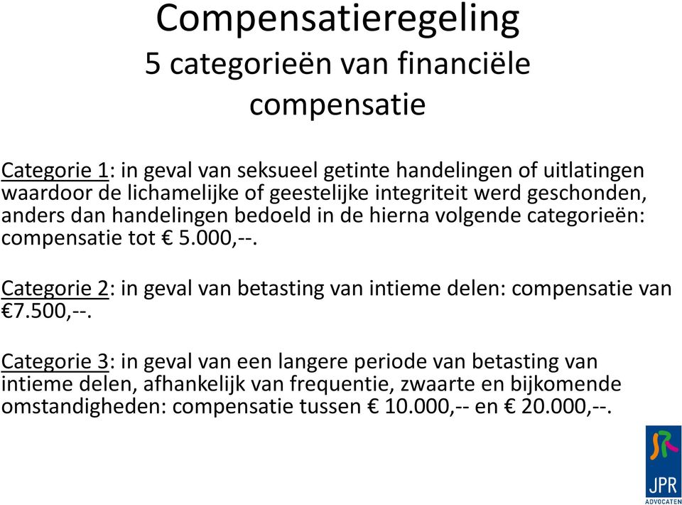 tot 5.000,--. Categorie 2: in geval van betasting van intieme delen: compensatie van 7.500,--.