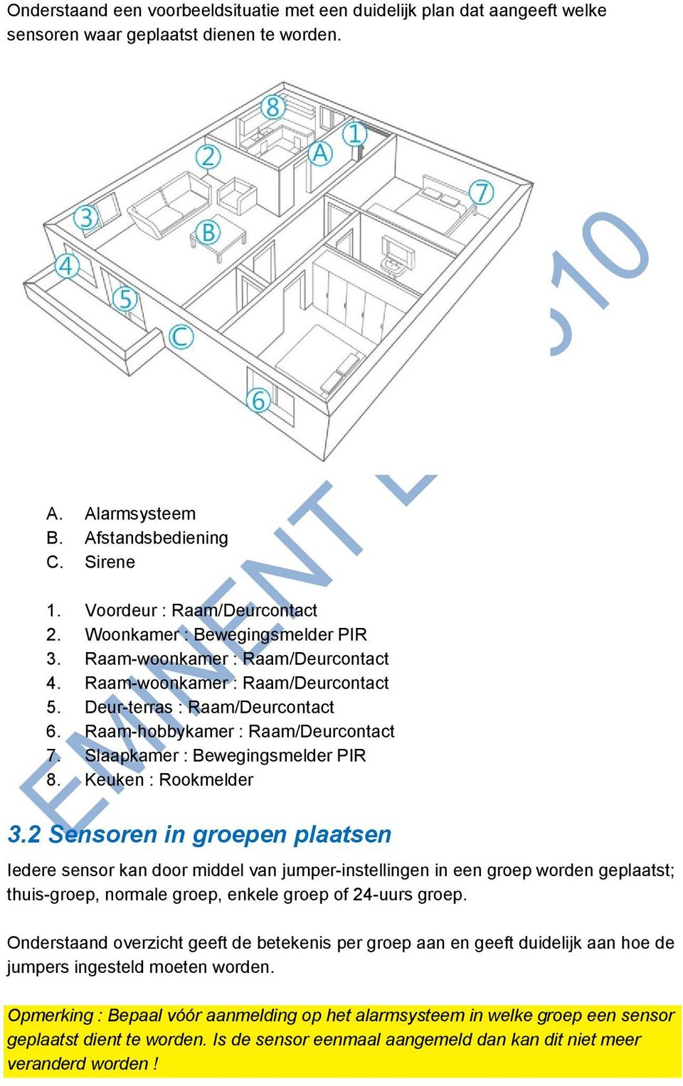 Slaapkamer : Bewegingsmelder PIR 8. Keuken : Rookmelder 3.