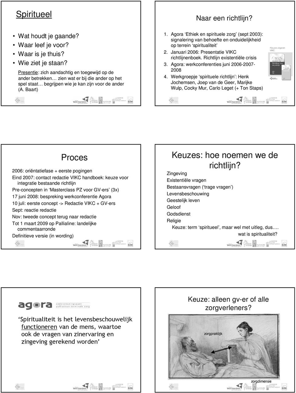 Agora Ethiek en spirituele zorg (sept 2003): signalering van behoefte en onduidelijkheid op terrein spiritualiteit 2. Januari 2006: Presentatie VIKC richtlijnenboek. Richtlijn existentiële crisis 3.