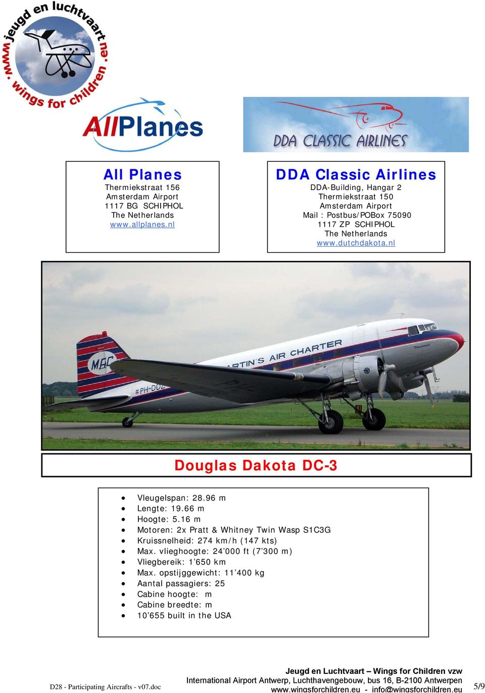 dutchdakota.nl Douglas Dakota DC-3 Vleugelspan: 28.96 m Lengte: 19.66 m Hoogte: 5.