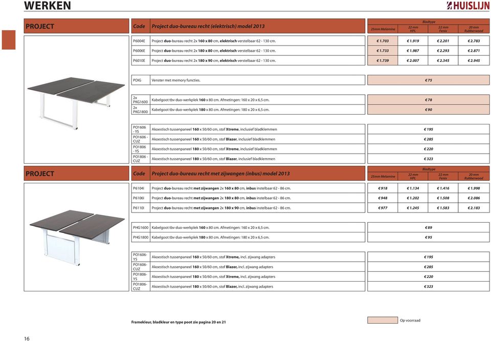 007 2.345 2.945 PDIG Venster met memory functies. 75 2x PKG1600 2x PKG1800 Kabelgoot tbv duo-werkplek 160 x 80 cm. Afmetingen: 160 x 20 x 6,5 cm. 78 Kabelgoot tbv duo-werkplek 180 x 80 cm.