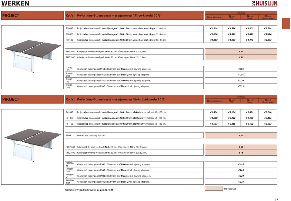 476 P7010S Project duo-bureau recht met zijwangen 2x 180 x 90 cm, verstelbaar met slinger 62-86 cm. 1.367 1.635 1.973 2.573 PHG1600 Kabelgoot tbv duo-werkplek 160 x 80 cm.