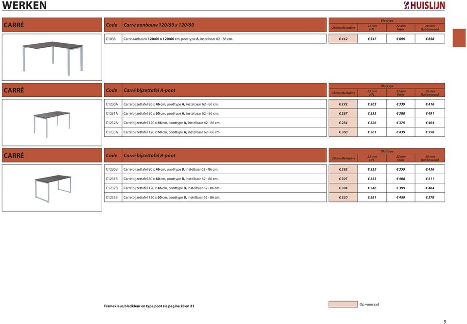 272 305 339 416 C1231A Carré bijzettafel 80 x 60 cm, poottype A, instelbaar 62-86 cm. 287 333 388 491 C1232A Carré bijzettafel 120 x 46 cm, poottype A, instelbaar 62-86 cm.