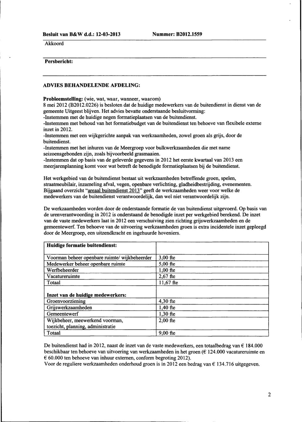 Het advies bevatte onderstaande besluitvorming: -Instemmen met de huidige negen formatieplaatsen van de buitendienst.