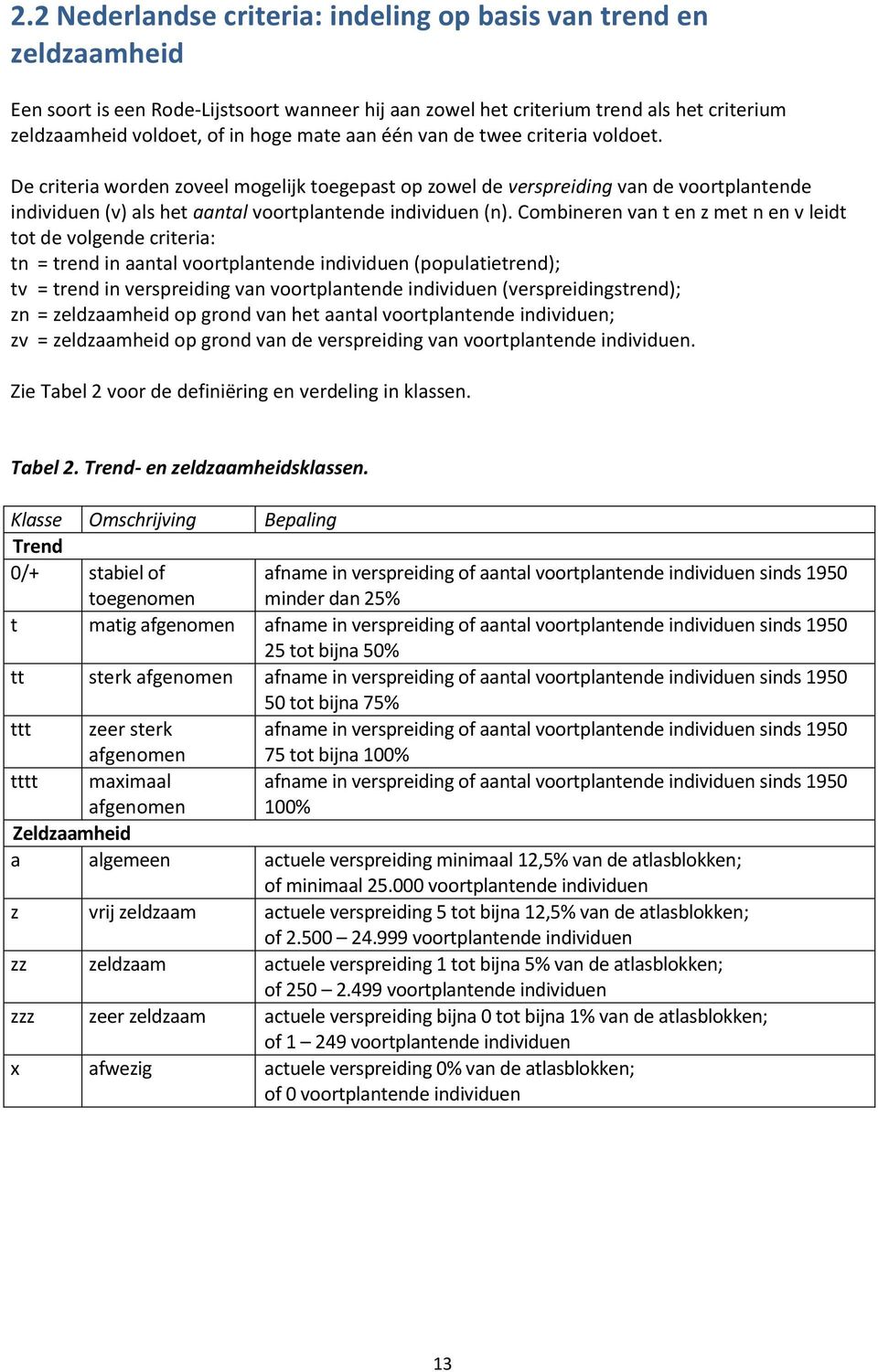 Combineren van t en z met n en v leidt tot de volgende criteria: = trend in aantal voortplantende individuen (populatietrend); = trend in verspreiding van voortplantende individuen