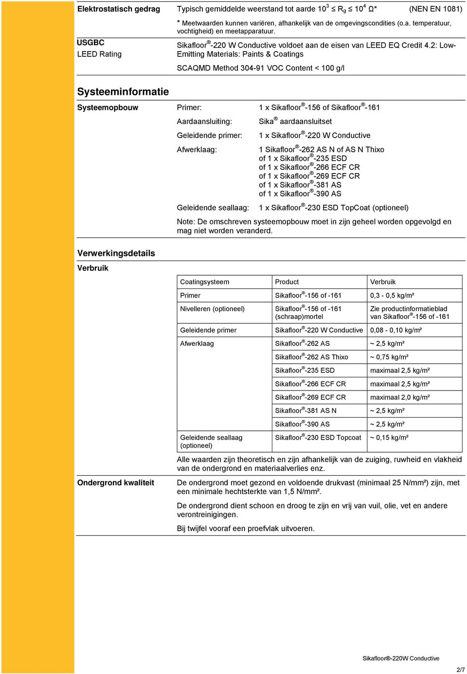 2: Low- Emitting Materials: Paints & Coatings SCAQMD Method 304-91 VOC Content < 100 g/l Systeeminformatie Systeemopbouw Primer: 1 x Sikafloor -156 of Sikafloor -161 Aardaansluiting: Geleidende