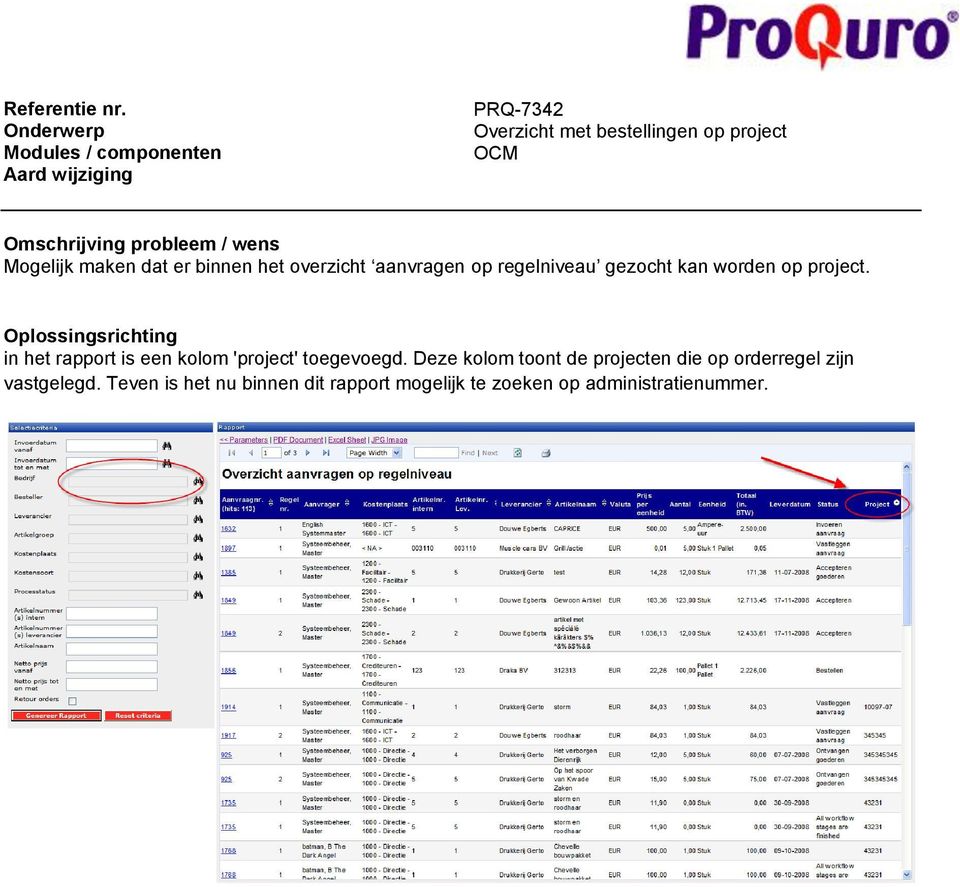 in het rapport is een kolom 'project' toegevoegd.