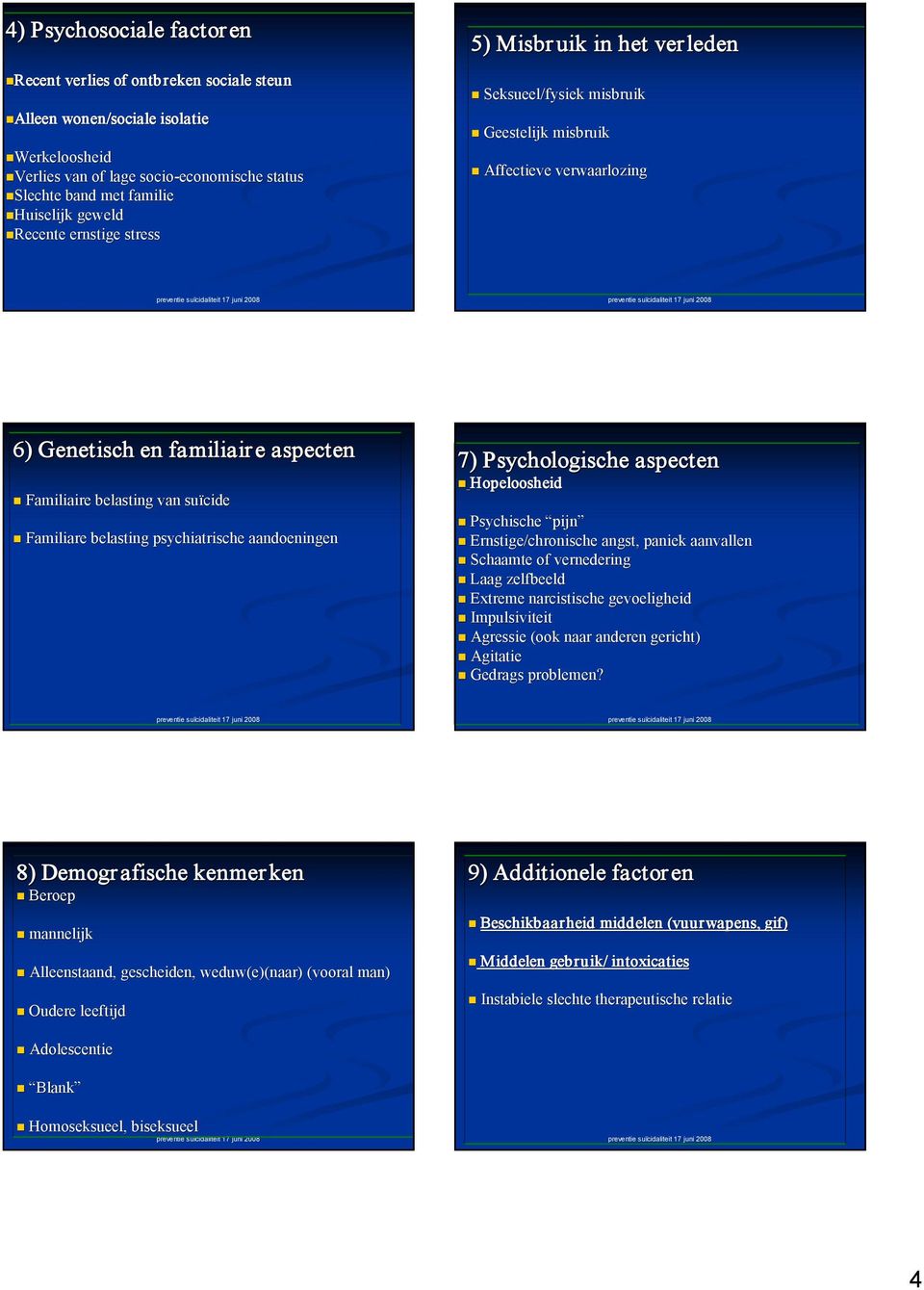 Familiare belasting psychiatrische aandoeningen 7) Psychologische aspecten Hopeloosheid Psychische pijn pijn Ernstige/chronische angst, paniek aanvallen Schaamte of vernedering Laag zelfbeeld Extreme