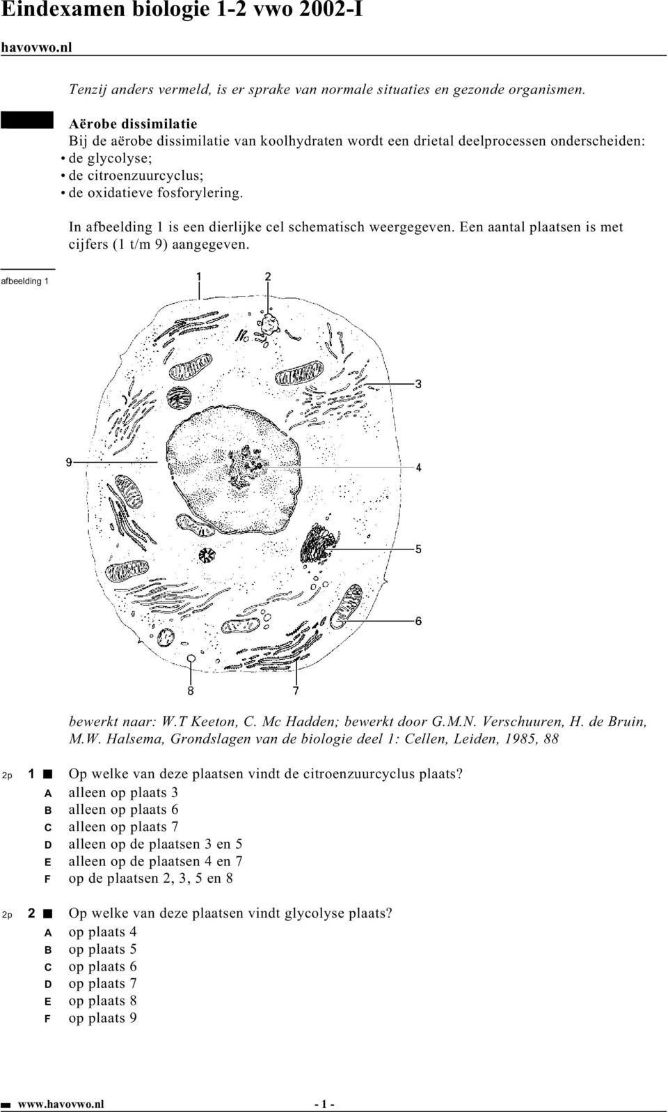 In afbeelding 1 is een dierlijke cel schematisch weergegeven. Een aantal plaatsen is met cijfers (1 t/m 9) aangegeven. afbeelding 1 bewerkt naar: W.T Keeton, C. Mc Hadden; bewerkt door G.M.N.