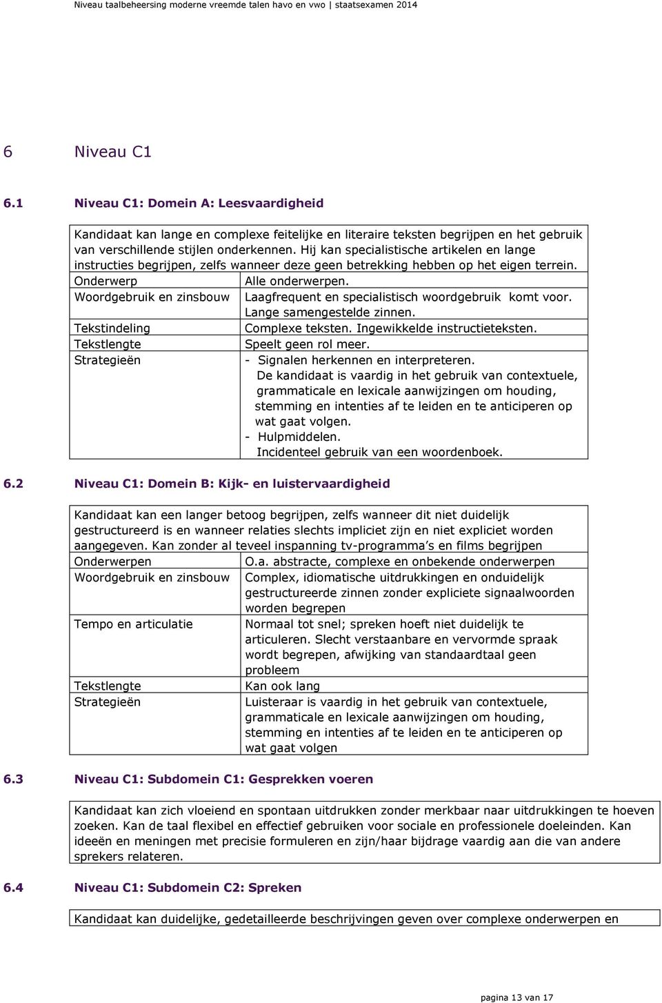 Woordgebruik en zinsbouw Laagfrequent en specialistisch woordgebruik komt voor. Lange samengestelde zinnen. Tekstindeling Complexe teksten. Ingewikkelde instructieteksten.