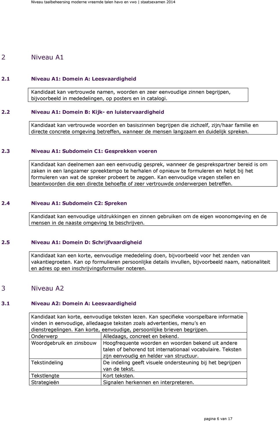 2 Niveau A1: Domein B: Kijk- en luistervaardigheid Kandidaat kan vertrouwde woorden en basiszinnen begrijpen die zichzelf, zijn/haar familie en directe concrete omgeving betreffen, wanneer de mensen