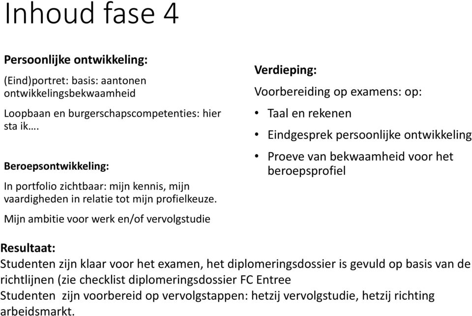 Mijn ambitie voor werk en/of vervolgstudie Verdieping: Voorbereiding op examens: op: Taal en rekenen Eindgesprek persoonlijke ontwikkeling Proeve van bekwaamheid voor het