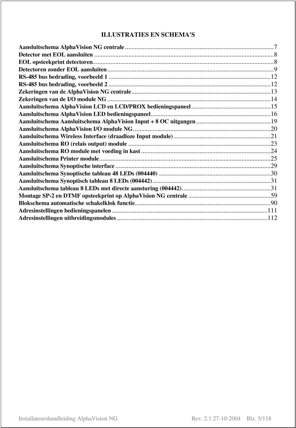 ..14 Aansluitschema AlphaVision LCD en LCD/PROX bedieningspaneel...15 Aansluitschema AlphaVision LED bedieningspaneel...16 Aansluitschema Aansluitschema AlphaVision Input + 8 OC uitgangen.