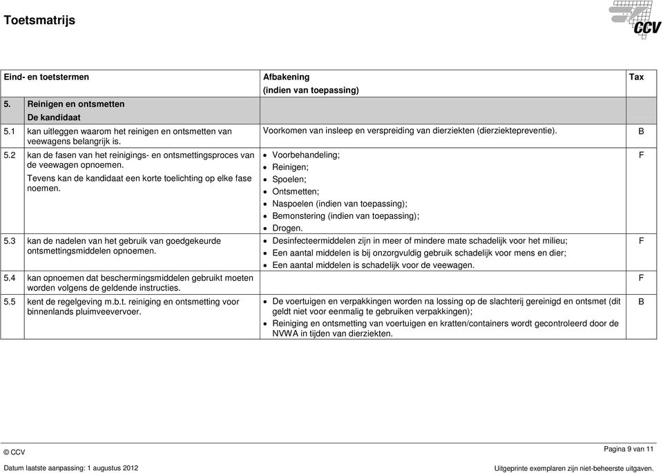 5.5 kent de regelgeving m.b.t. reiniging en ontsmetting voor binnenlands pluimveevervoer. Voorkomen van insleep en verspreiding van dierziekten (dierziektepreventie).